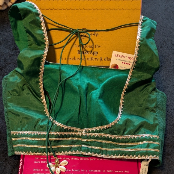 Binks Beautiful Green Sleeveless FlexiFit Saree Blouse With Gold Embellishments - Picture 5 of 7